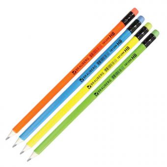 Карандаш ч/г Brauberg "Neon" HB, трехгран., заточен., с ластиком, ассорти