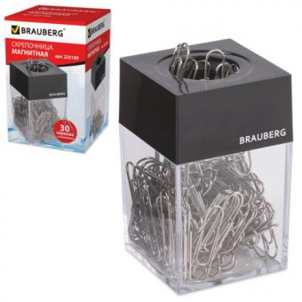 Скрепочница магнитная Brauberg с 30 скрепками, прозрачный корпус
