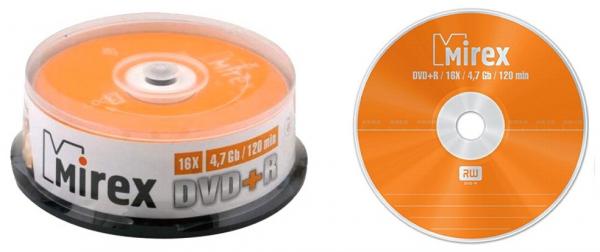 Диск DVD+R (плюс) 4,7Гб "Mirex", 16х, 25шт. в тубе