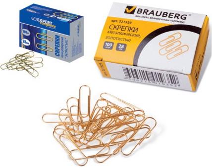 Скрепки Brauberg, золотистые, 28мм, 100шт., карт. упаковка
